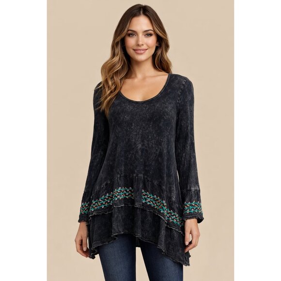 T-Party Tops - Black Acid Washed Embroidered Tiered Hem Tunic | Whimsigoth Boho Dark Academia M